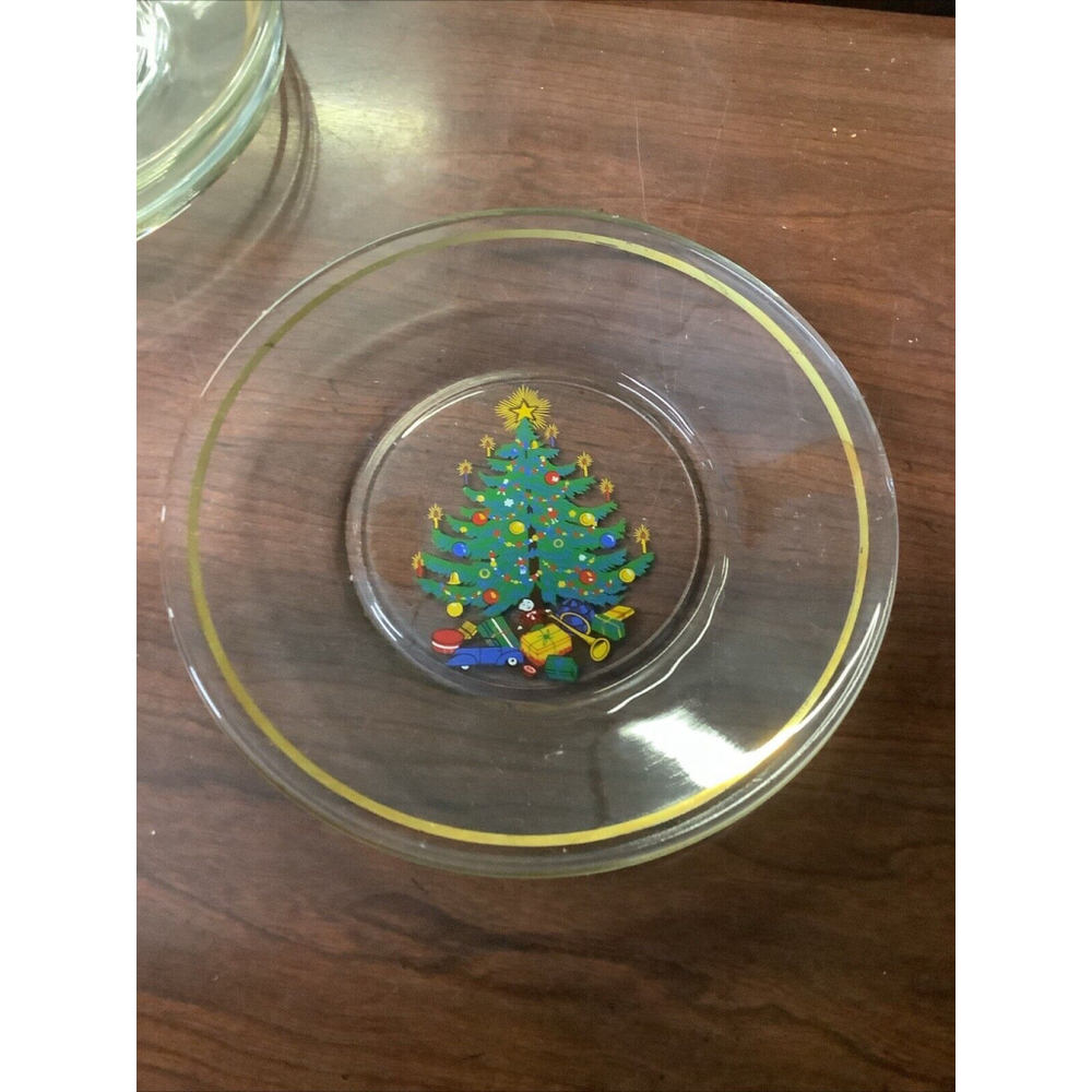 VINTAGE GLASS CHRISTMAS PLATES by MODERNE GOLD BAND 7.75" Reverse Painted
